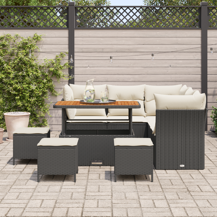Set Divano Giardino da 9 Pezzi con Cuscini Nero Polyrattan Acacia