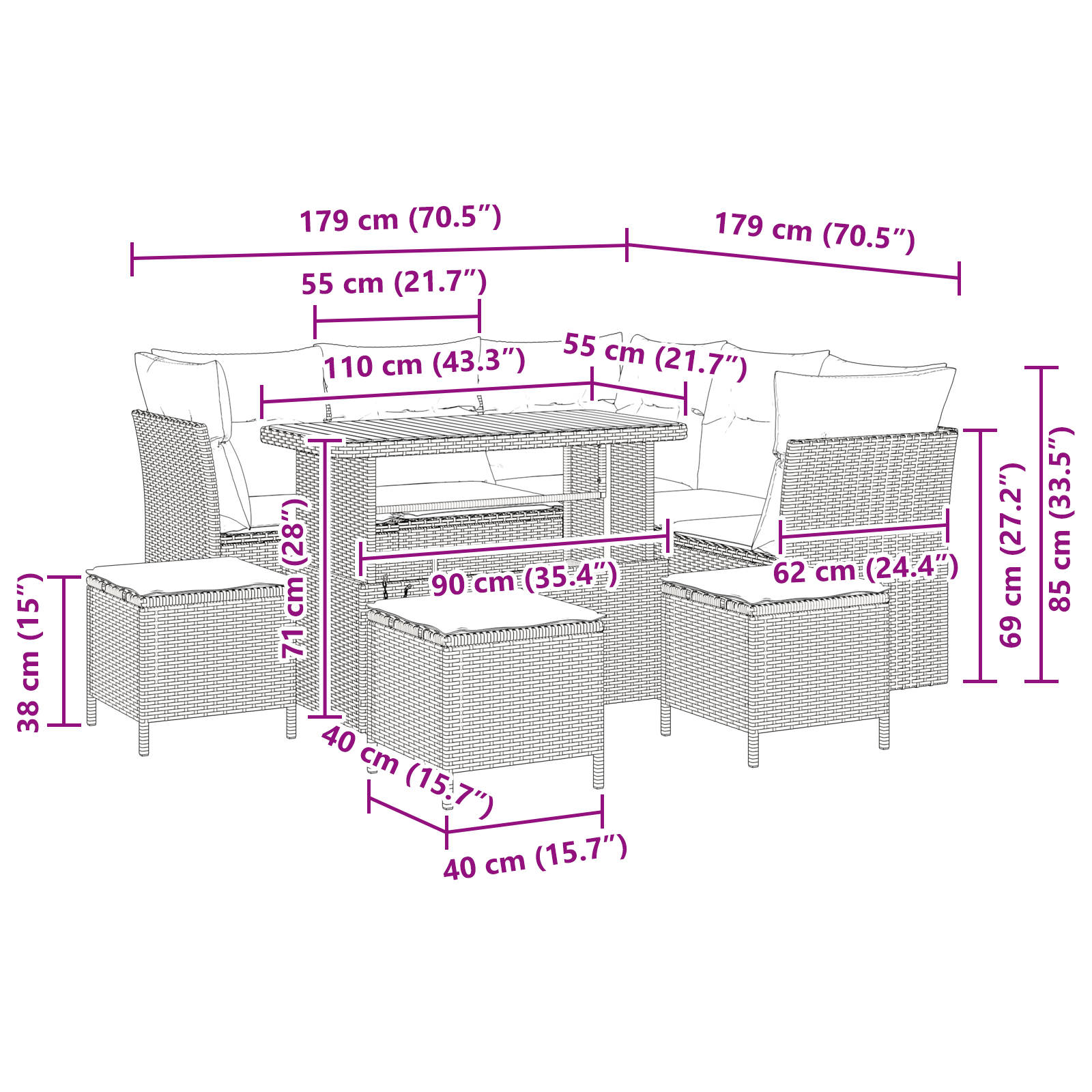 Set Divano Giardino da 9 Pezzi con Cuscini Nero Polyrattan Acacia