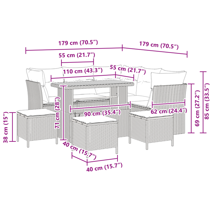 Set Divano Giardino da 9 Pezzi con Cuscini Nero Polyrattan Acacia