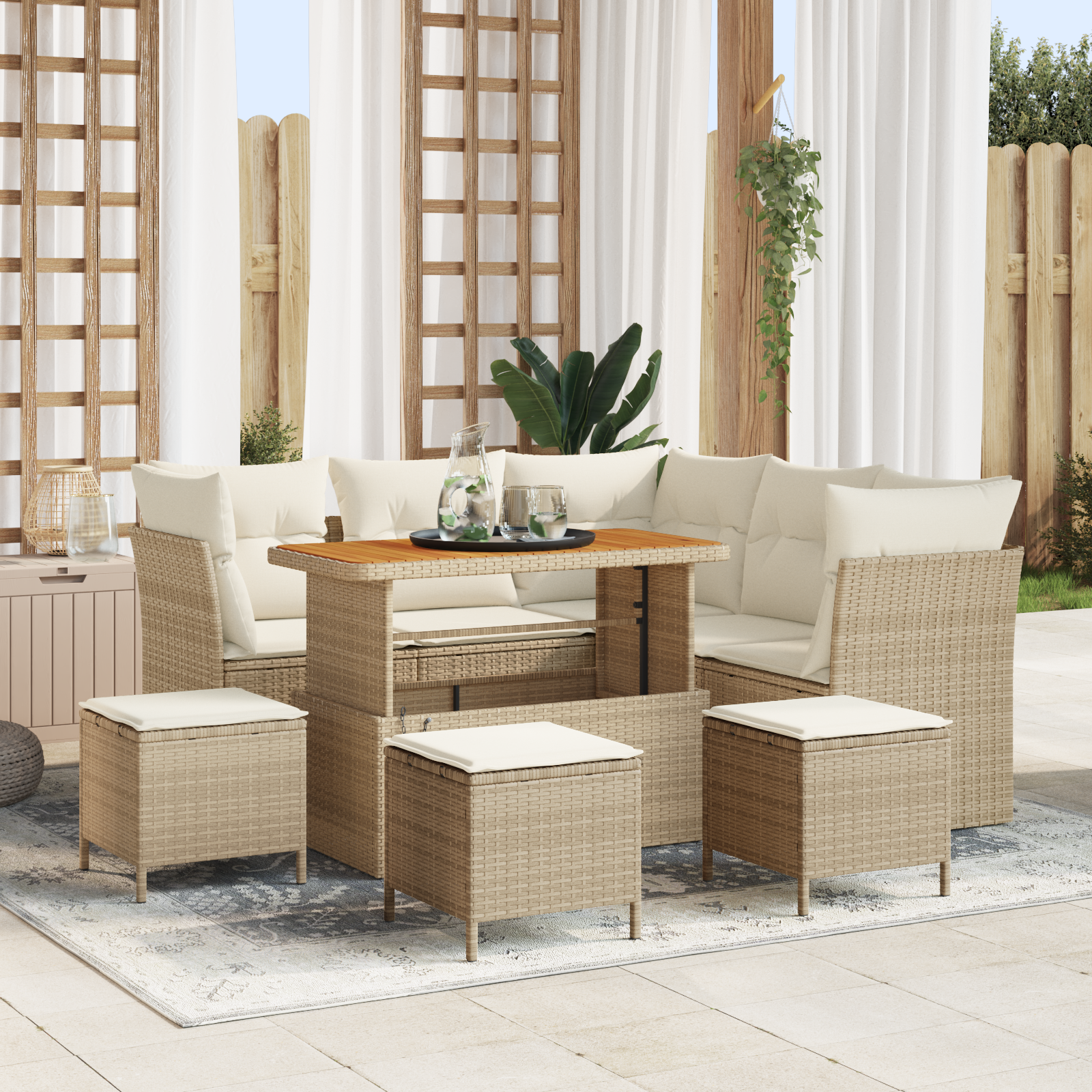 Set Divani Giardino con Cuscini 9 Pezzi Beige Rattan Polietilene Acacia