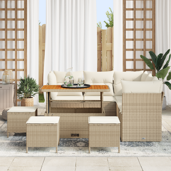 Set Divani Giardino con Cuscini 9 Pezzi Beige Rattan Polietilene Acacia