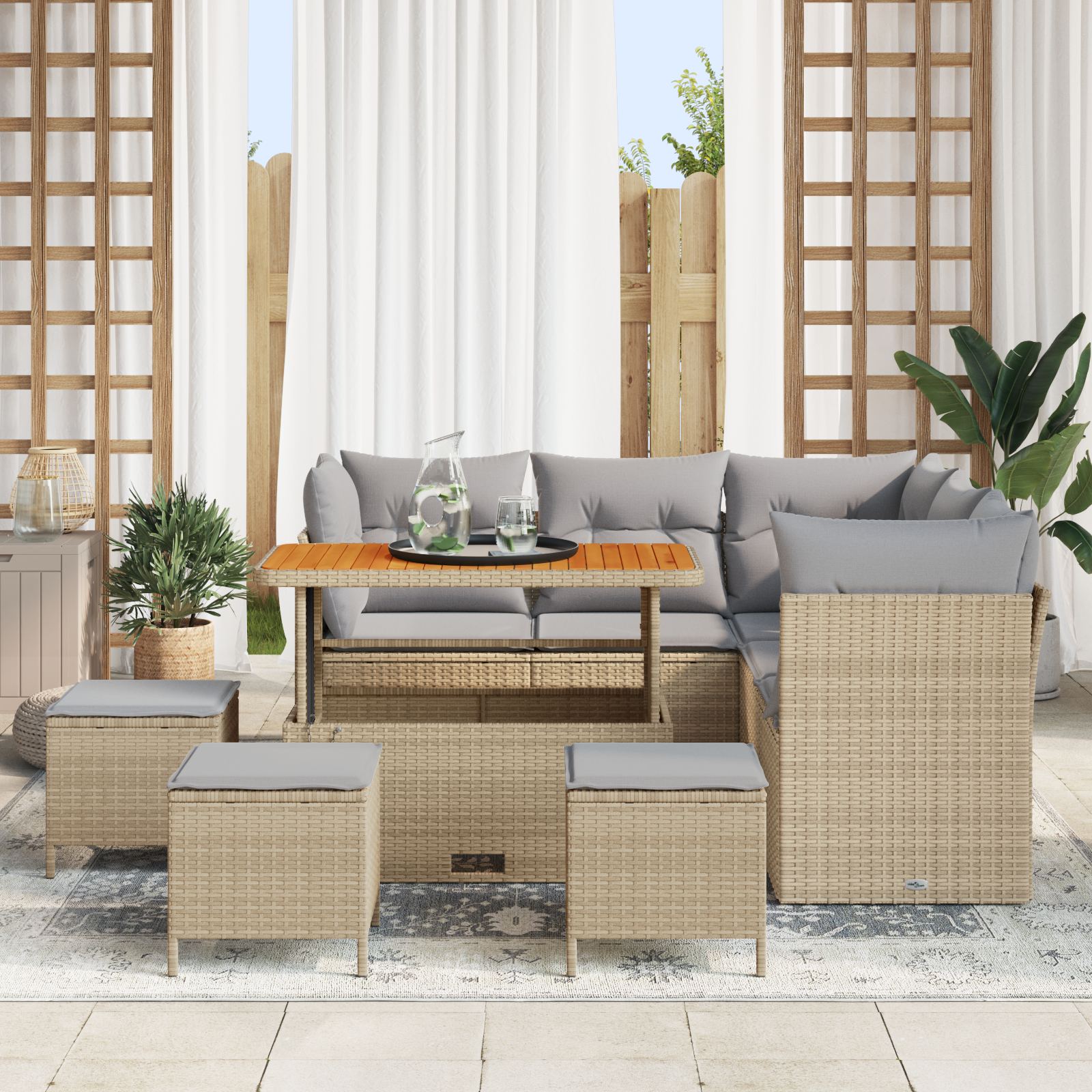 Set di divani da giardino  da 9 pezzi con cuscini Beige Polirattan Acacia
