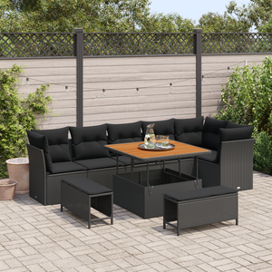 Set da Giardino  9 Pezzi con Cuscini Nero Rattan Poliacetato