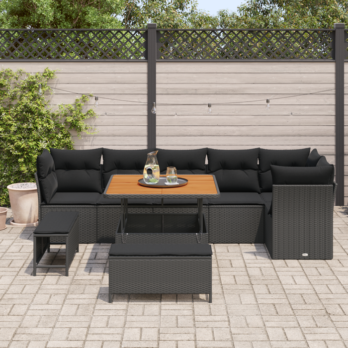 Set da Giardino  9 Pezzi con Cuscini Nero Rattan Poliacetato