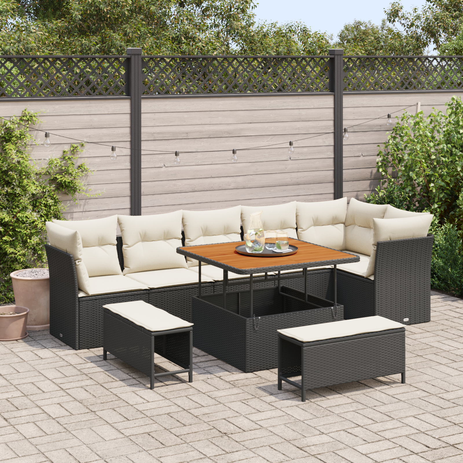 Set di divano da giardino 9 pezzi con cuscini in rattan nero e legno di acacia
