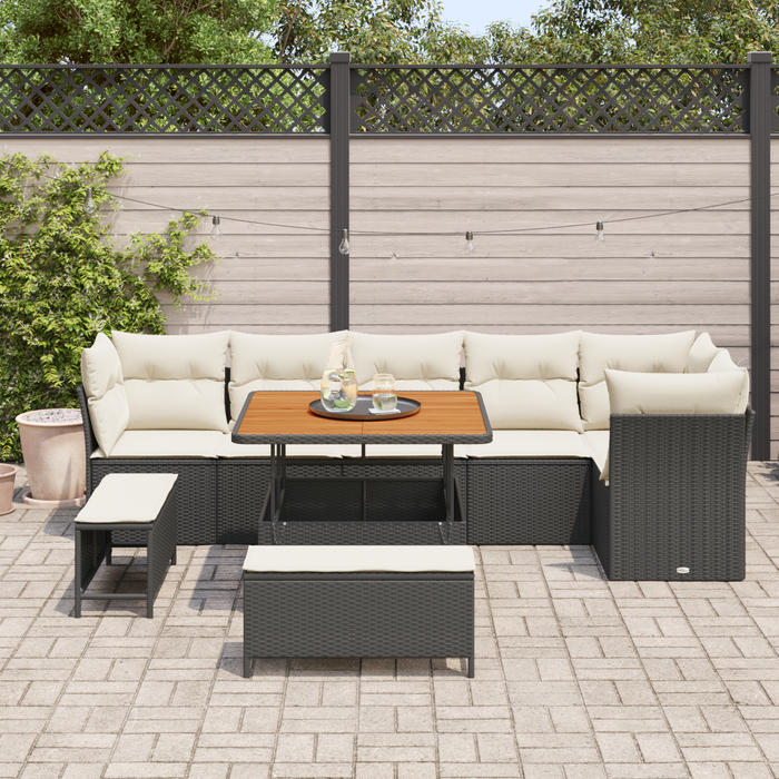 Set di divano da giardino 9 pezzi con cuscini in rattan nero e legno di acacia