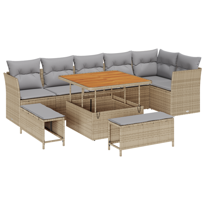 Set di divani da giardino  9 Pezzi con cuscini Beige Polyrattan Acacia