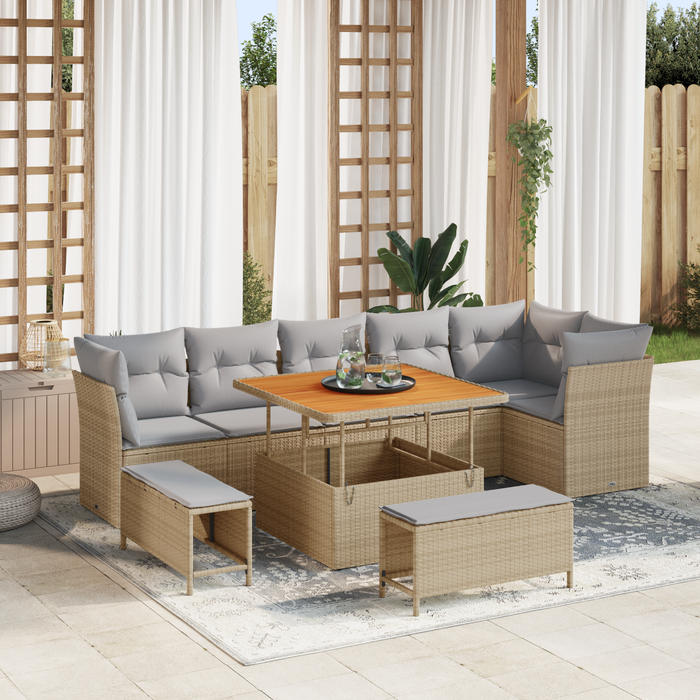 Set di divani da giardino  9 Pezzi con cuscini Beige Polyrattan Acacia