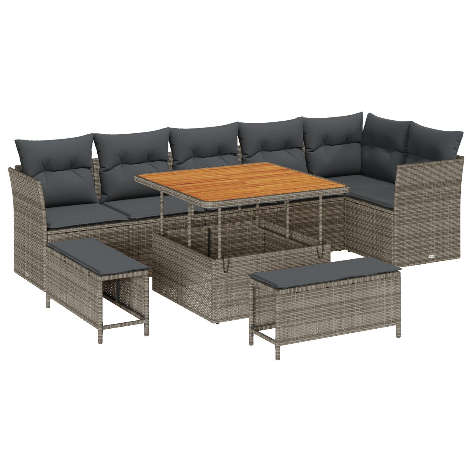 Set di divani da giardino vitaXL 9 pezzi con cuscini Grigio Polyrattan Acacia