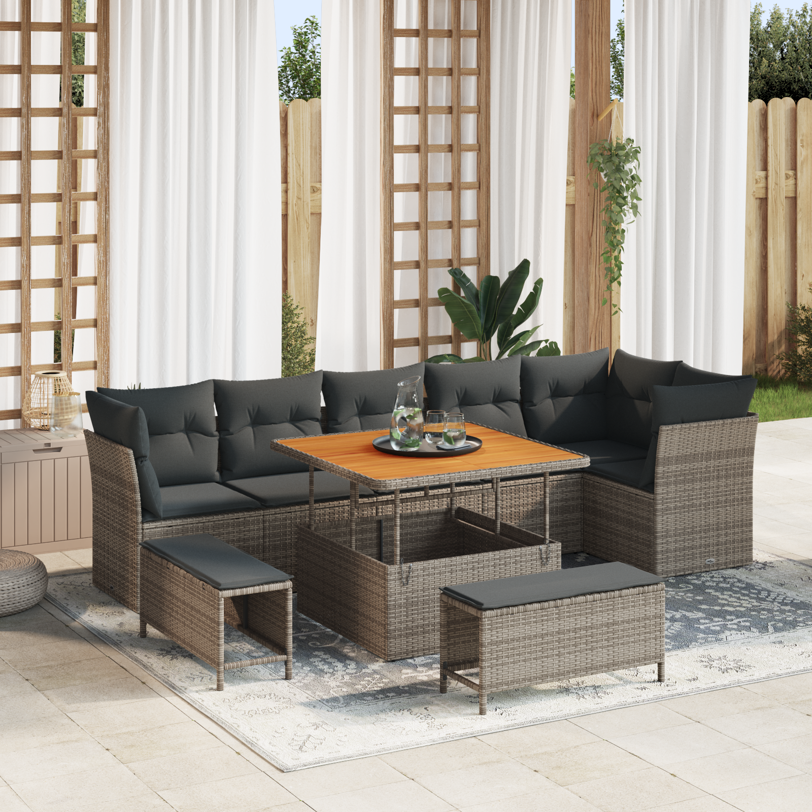 Set di divani da giardino vitaXL 9 pezzi con cuscini Grigio Polyrattan Acacia