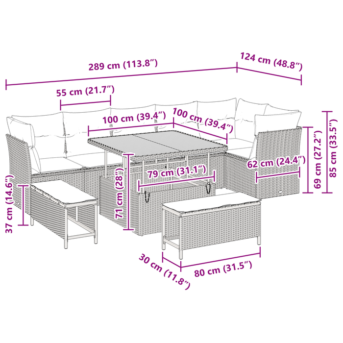 Set di divani da giardino vitaXL 9 pezzi con cuscini Grigio Polyrattan Acacia
