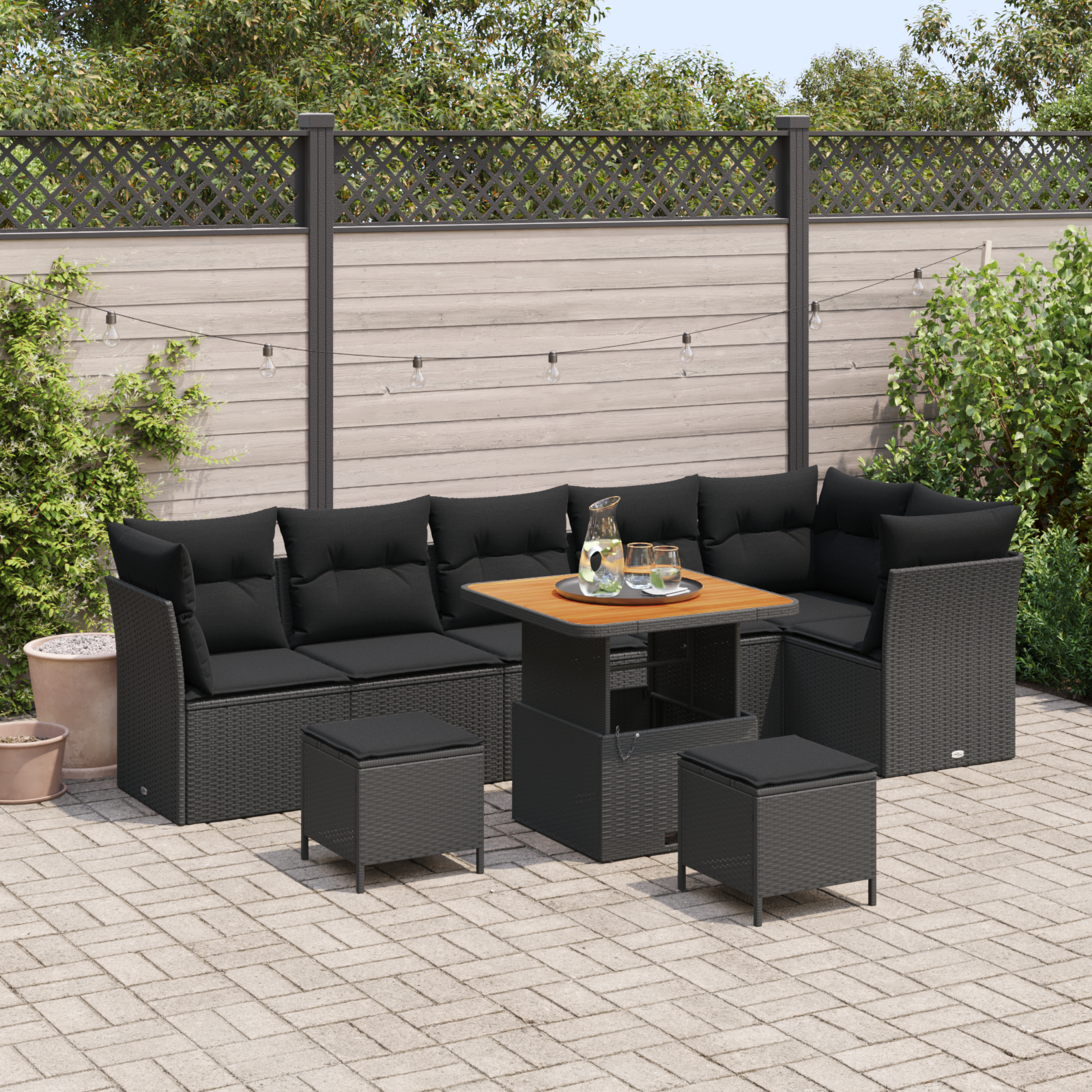 Set di Divani da Giardino da 9 Pezzi con Cuscini Rattan Nero Acacia