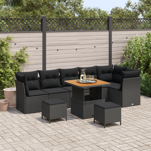 Set di Divani da Giardino da 9 Pezzi con Cuscini Rattan Nero Acacia