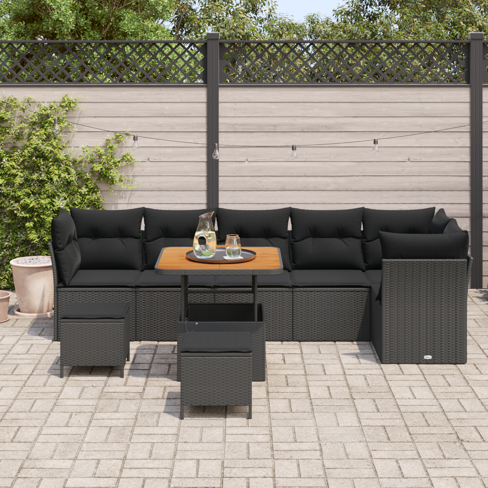 Set di Divani da Giardino da 9 Pezzi con Cuscini Rattan Nero Acacia