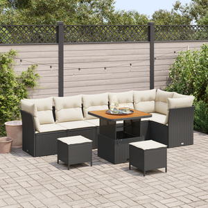 Set di divano da giardino 9 pezzi con cuscini Nero Poly Rattan Acacia