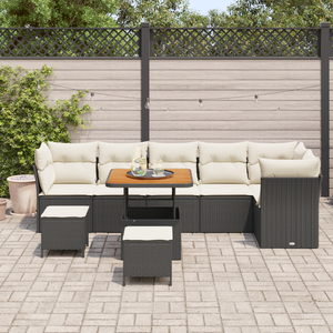 Set di divano da giardino 9 pezzi con cuscini Nero Poly Rattan Acacia