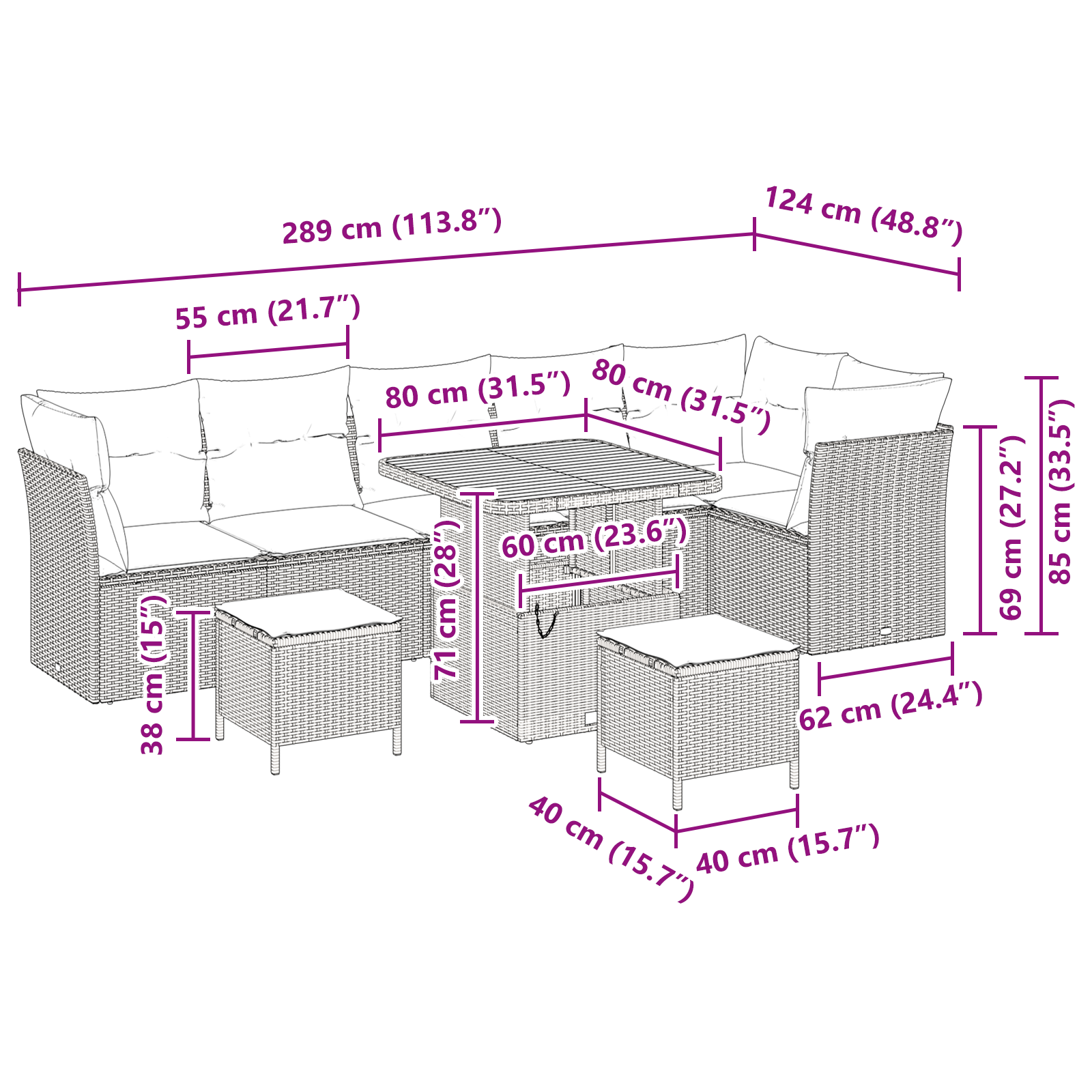 Set Divano da Giardino in 9 Pezzi con Cuscini Beige in Polyrattan Acciaio