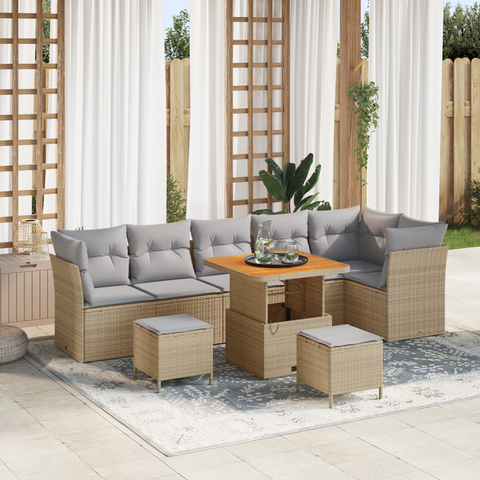 Set da Giardino  9 Pezzi con Cuscini Beige Rattan Poly Acacia