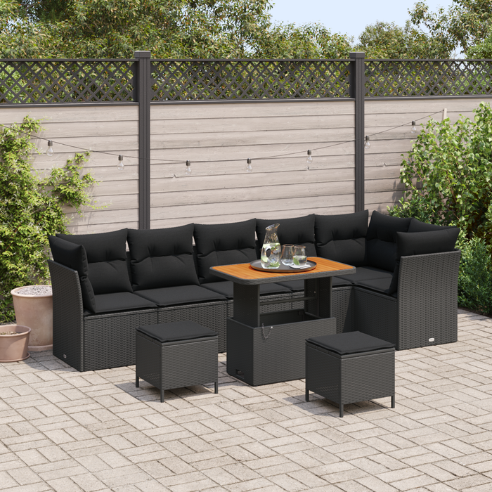 Set di Divani da Giardino  9 Pezzi con Cuscini Nero Polyrattan Acacia