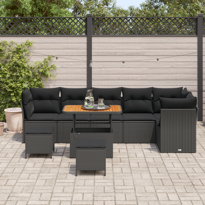 Set di Divani da Giardino  9 Pezzi con Cuscini Nero Polyrattan Acacia