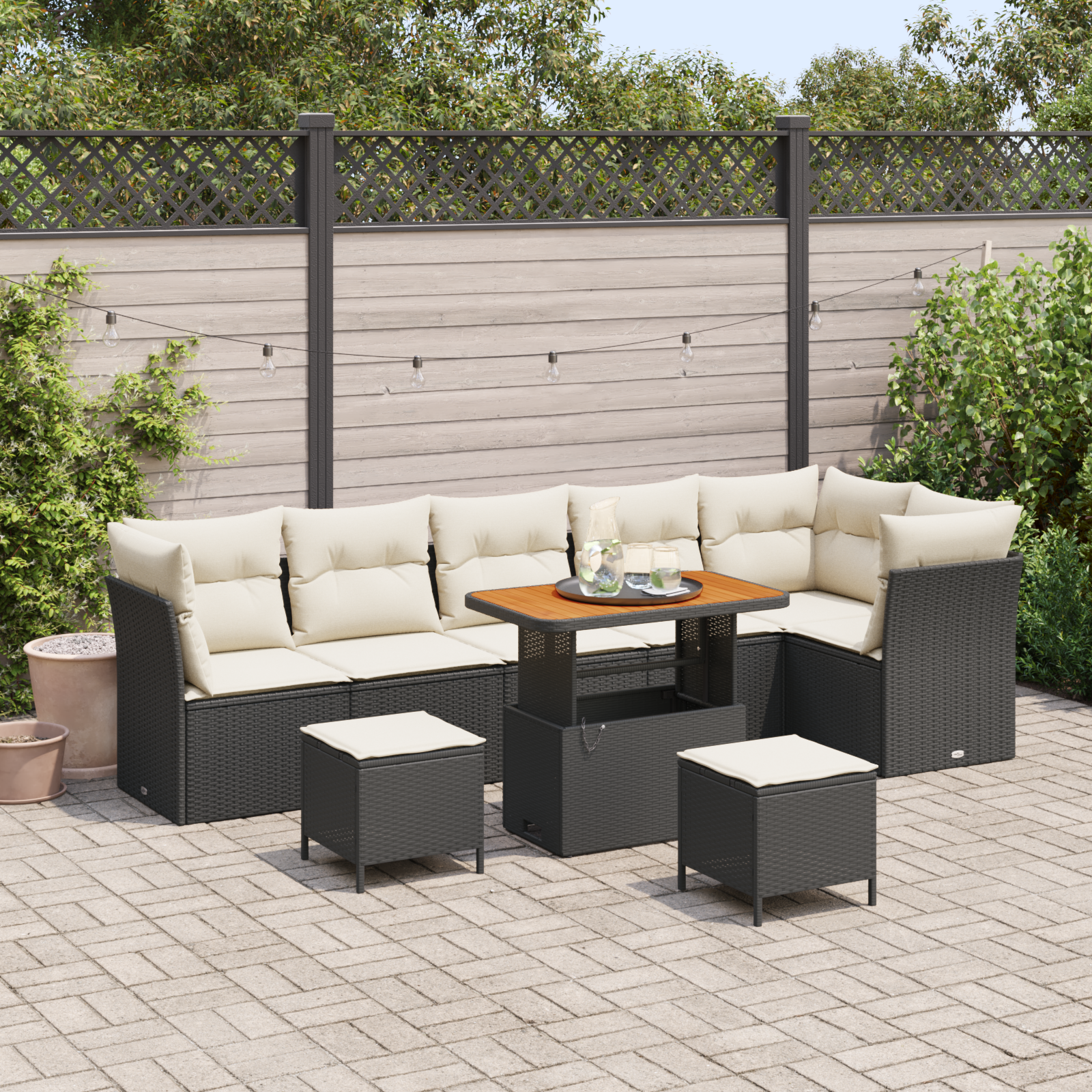 Set Divano da Giardino di 9 Pezzi con Cuscini Nero Polirattan Acacia
