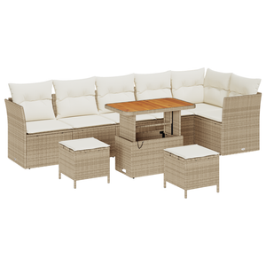 Set di Divani da Giardino 9 Pezzi  con Cuscini Beige in Rattan Sintetico e Acacia