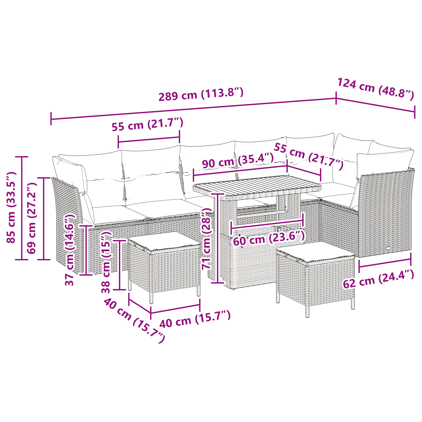 Set di Divani da Giardino 9 Pezzi  con Cuscini Beige in Rattan Sintetico e Acacia