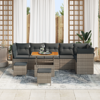 Set Divano da Giardino 9 Pezzi con Cuscini Grigio Polyrattan Acacia