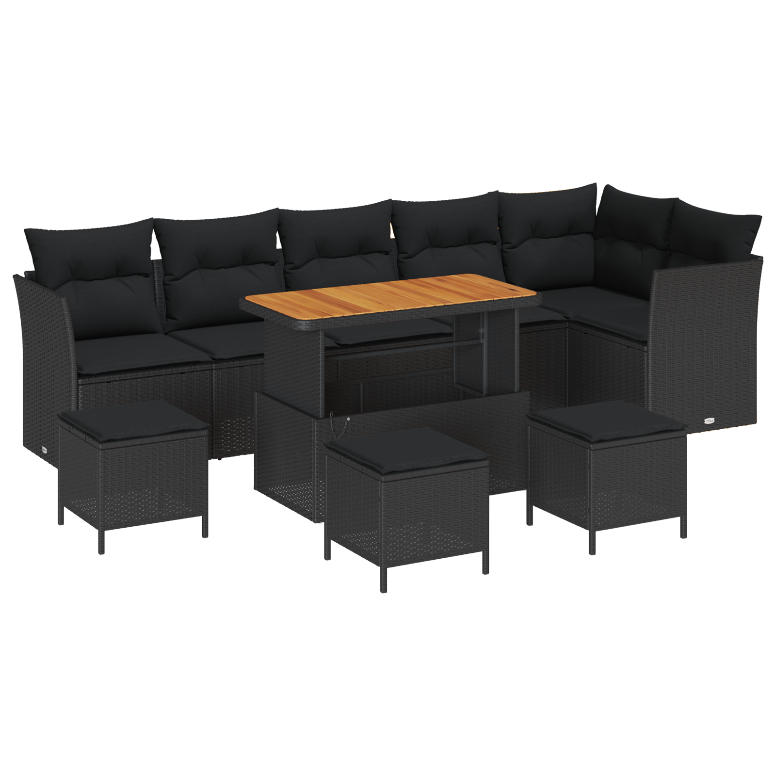 Set di divani da giardino da 10 pezzi con cuscini in polyrattan nero e acacia