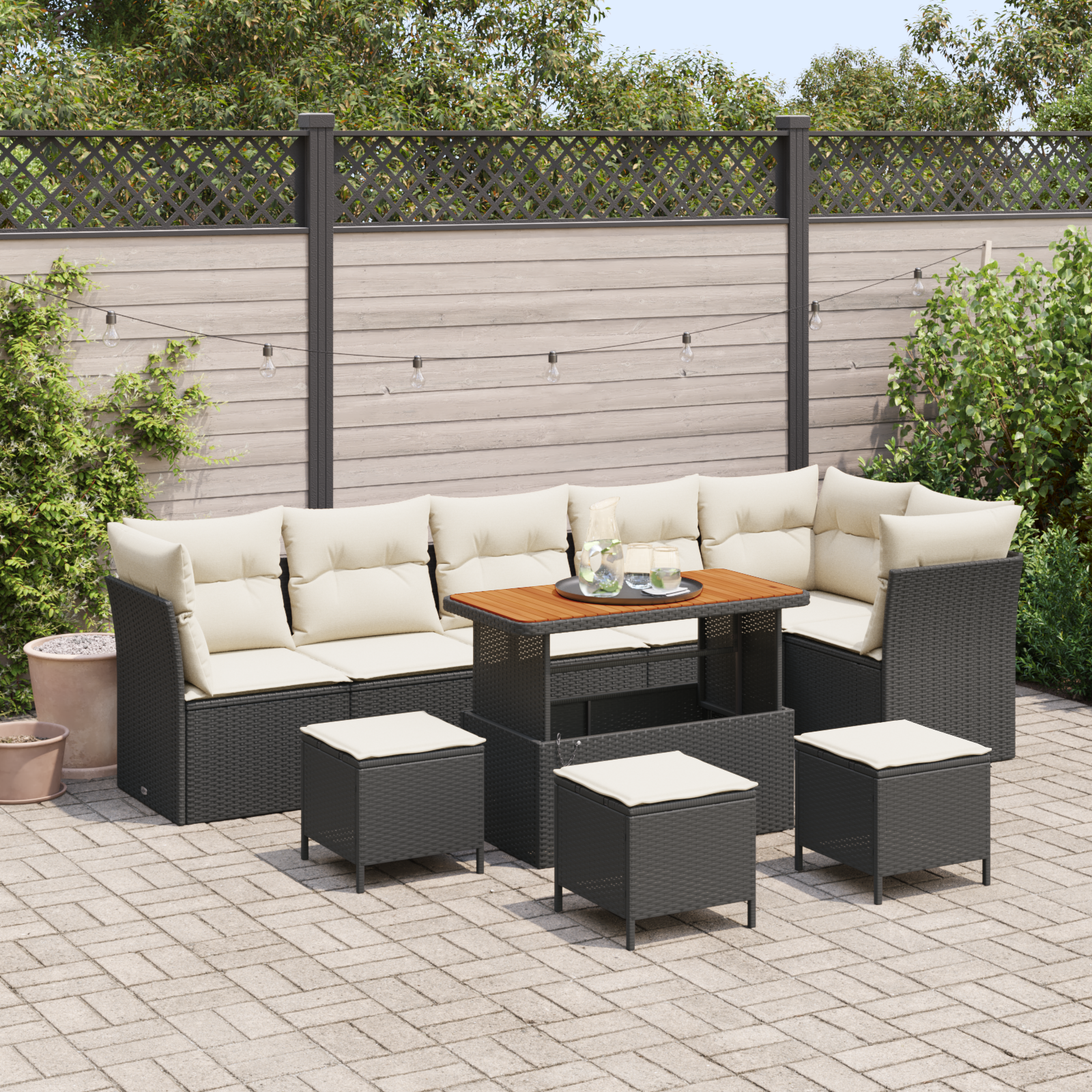 Set di divani da giardino  da 10 pezzi con cuscini in polyrattan nero e acacia