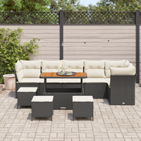 Set di divani da giardino  da 10 pezzi con cuscini in polyrattan nero e acacia