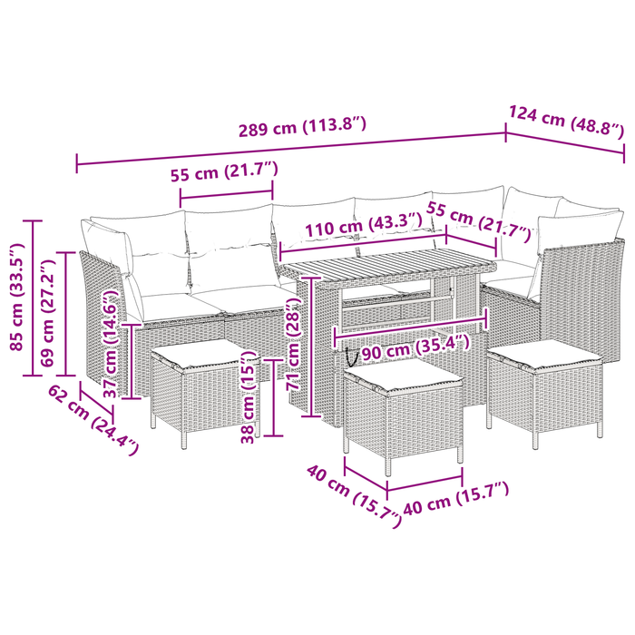 Set Divano da Giardino  10 Pezzi con Cuscini Beige Rattan Polietilene Acacia