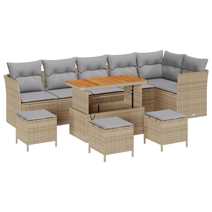 Set divano da giardino 10 pezzi con cuscini beige in rattan e acacia