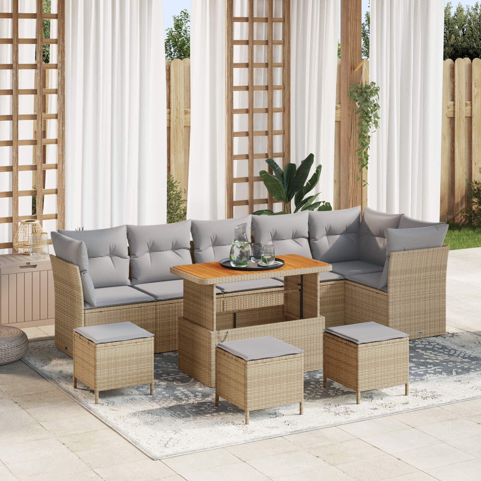 Set divano da giardino 10 pezzi con cuscini beige in rattan e acacia