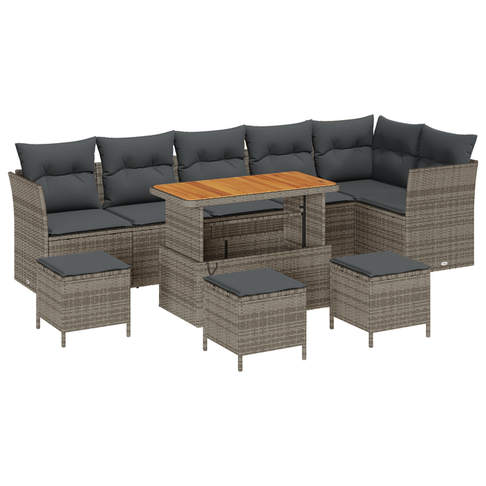 Set Divano da Giardino da 10 Pezzi con Cuscini Grigio Rattan Sintetico Acacia