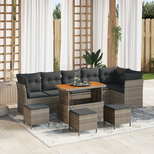 Set Divano da Giardino da 10 Pezzi con Cuscini Grigio Rattan Sintetico Acacia