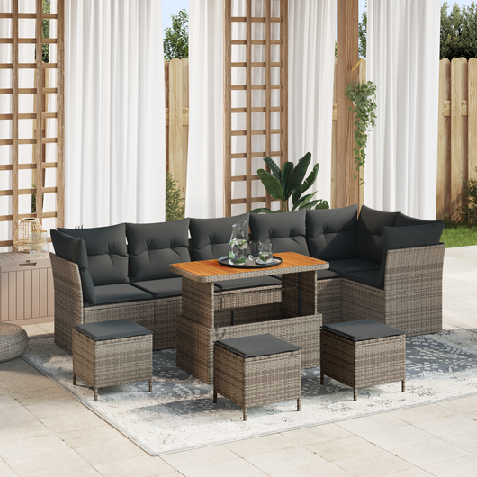 Set Divano da Giardino da 10 Pezzi con Cuscini Grigio Rattan Sintetico Acacia