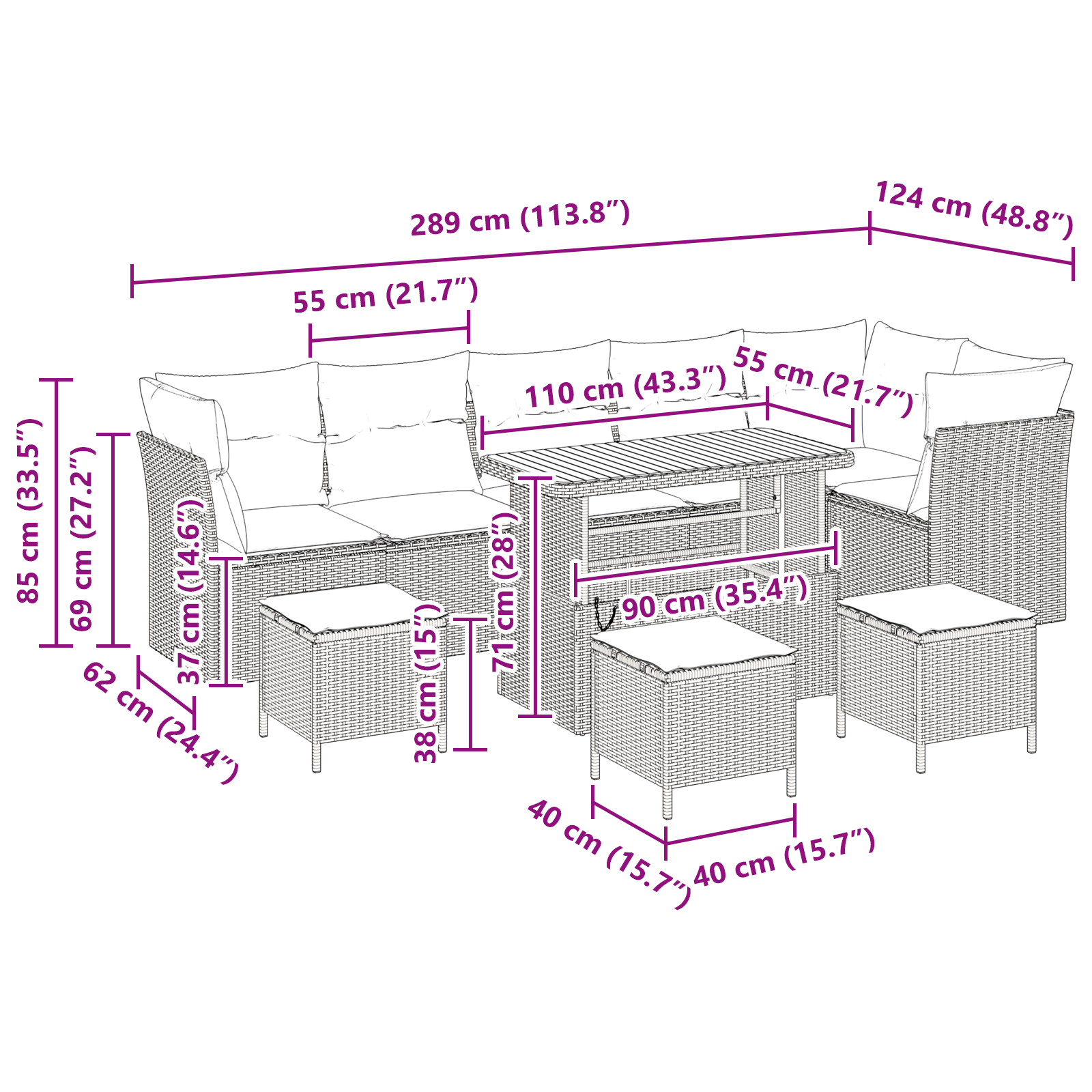 Set Divano da Giardino da 10 Pezzi con Cuscini Grigio Rattan Sintetico Acacia