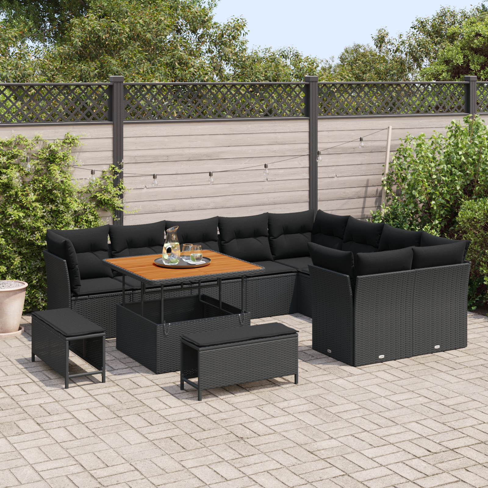 Set di Divani da Giardino  in 12 Pezzi con Cuscini Nero Polyrattan Acacia