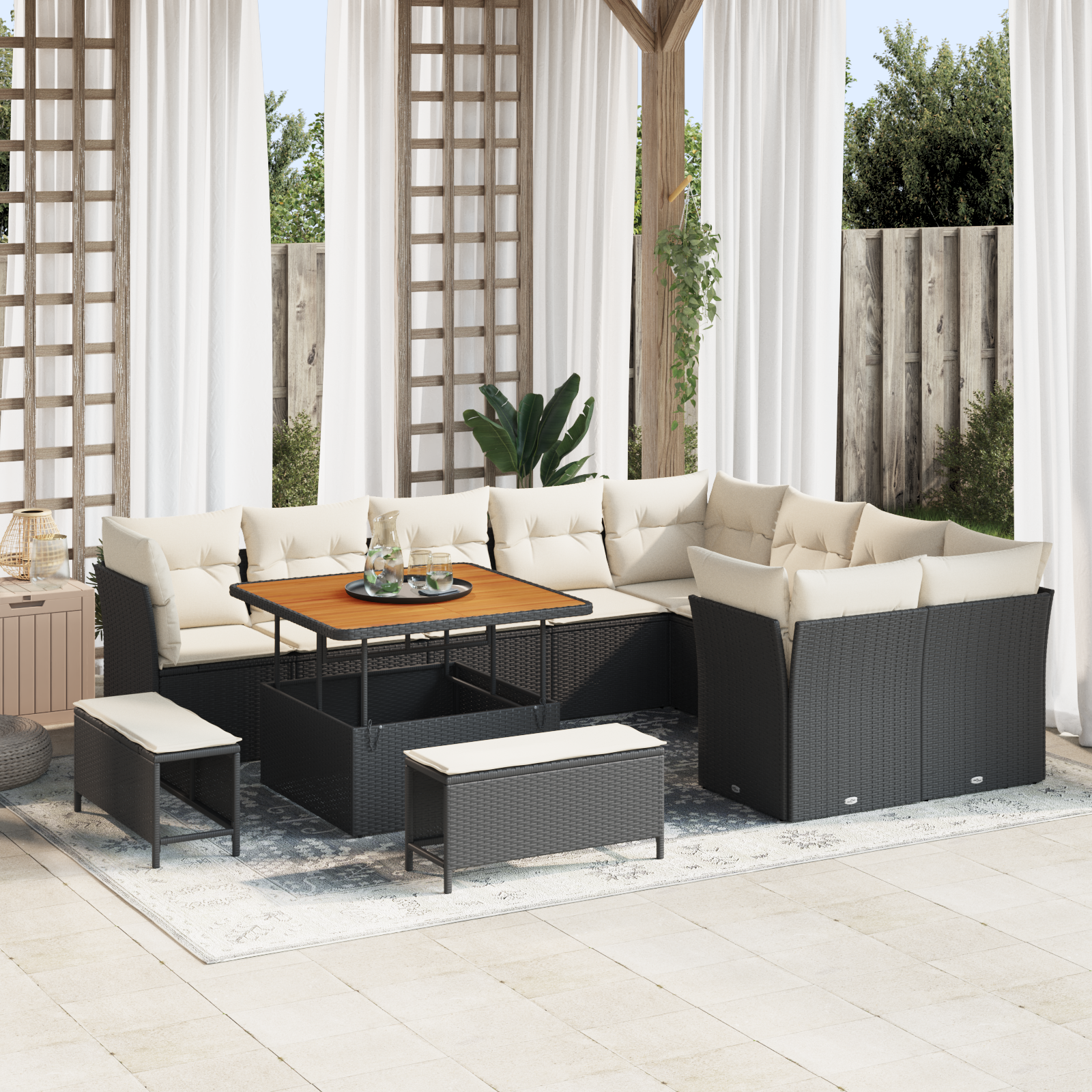 Set da Giardino  12 Pezzi con Cuscini Rattan PE Nero Acacia