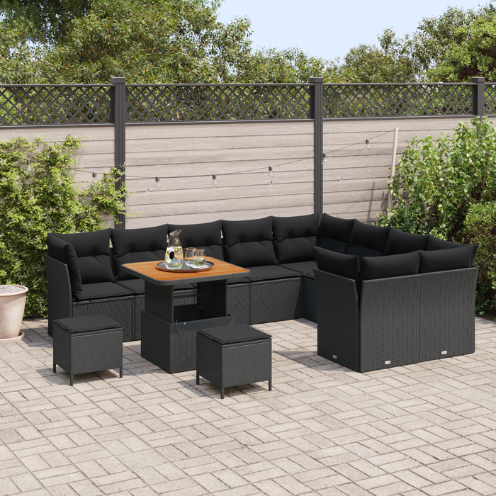 Set divano da giardino da 12 pezzi con cuscini in polirattan nero e acacia