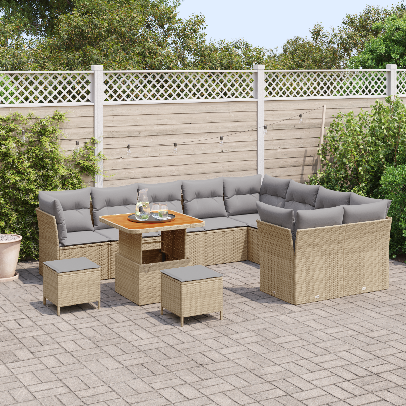 Set Divano Giardino a 12 Pezzi con Cuscini Beige Rattan Polietilene Acacia