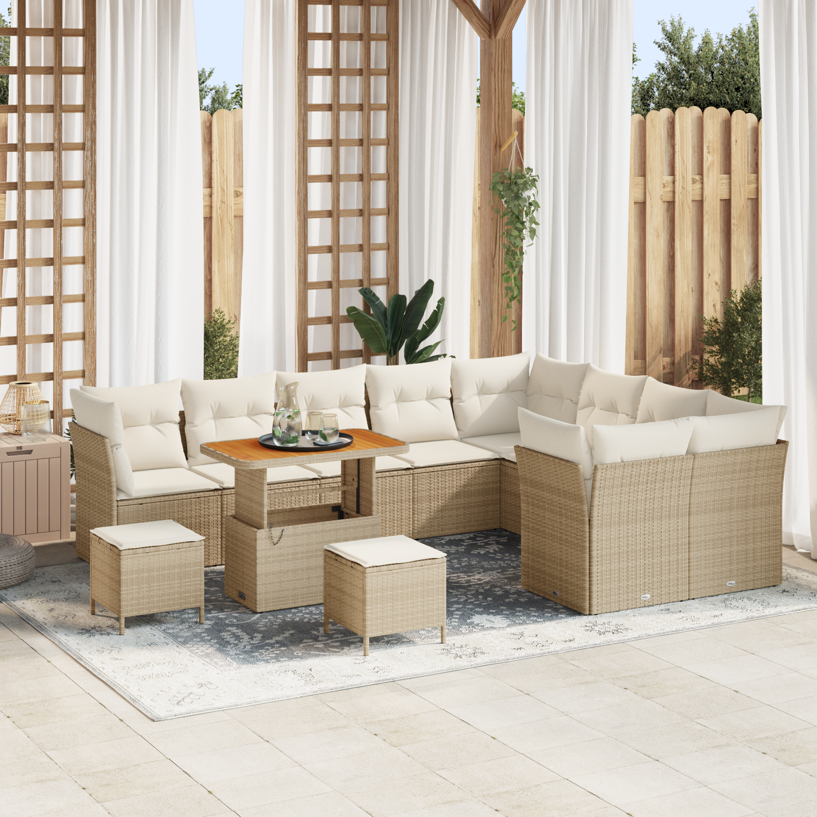 Set Divano da Giardino 12 Pezzi con Cuscini Beige Rattan Acacia