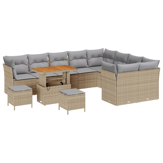 Set di Divani da Giardino beige a 12 Pezzi con Cuscini in Rattan Polietilene e Acacia