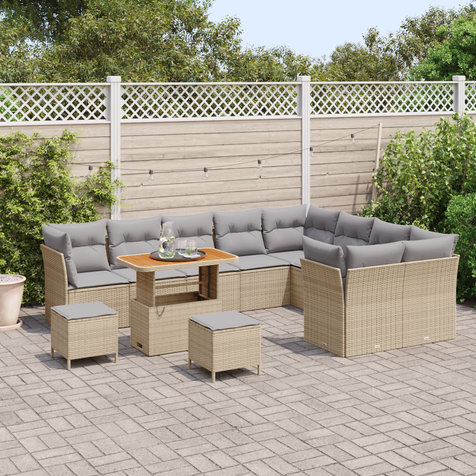 Set di Divani da Giardino beige a 12 Pezzi con Cuscini in Rattan Polietilene e Acacia