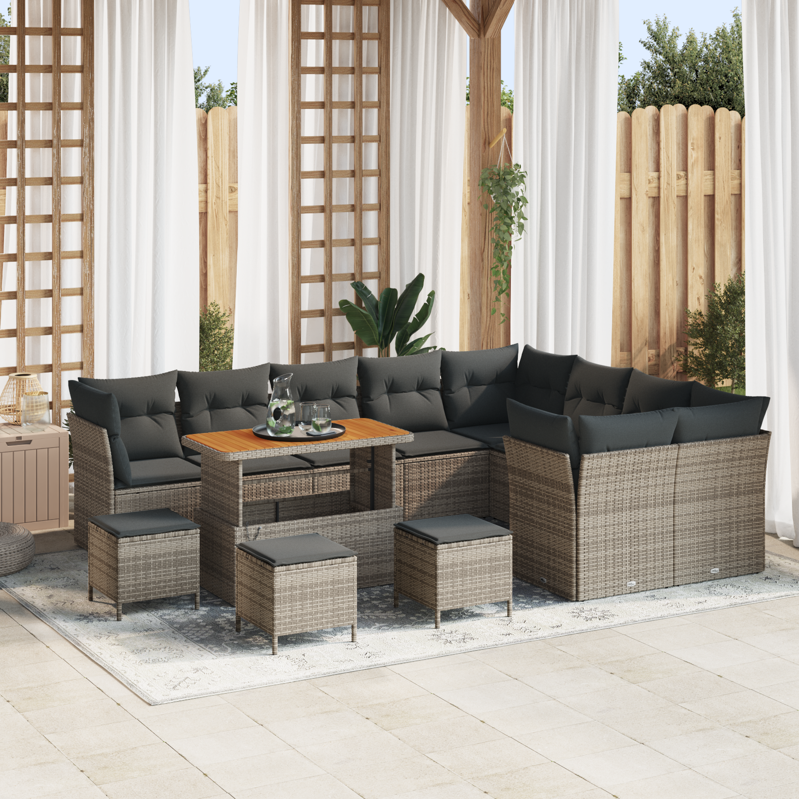 Set Divano da Giardino 13 Pezzi con Cuscini Grigio Polyrattan Acacia