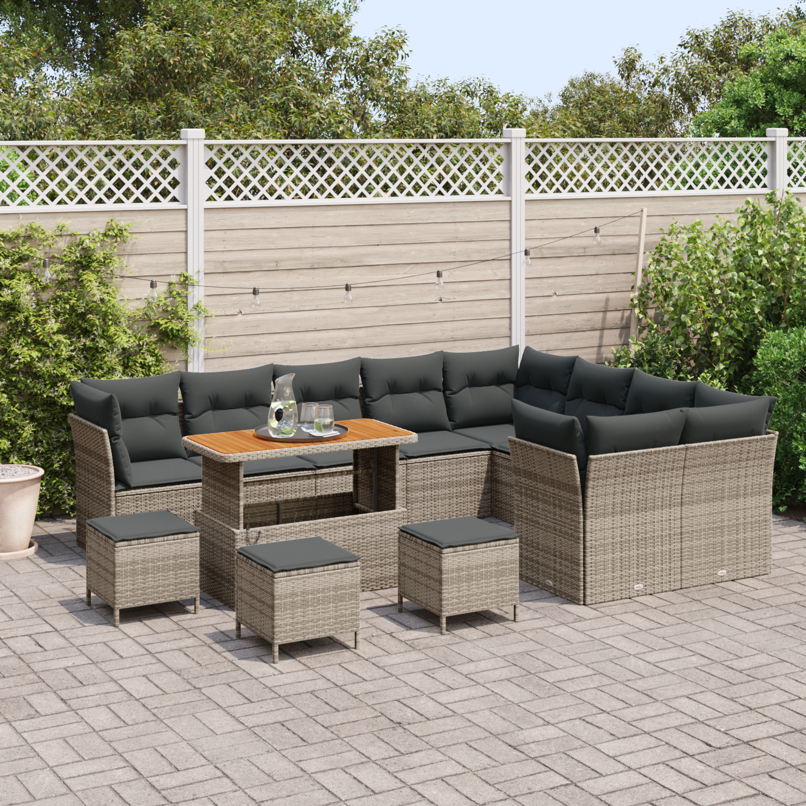 Set Divano da Giardino 13 Pezzi con Cuscini Grigio Polyrattan Acacia