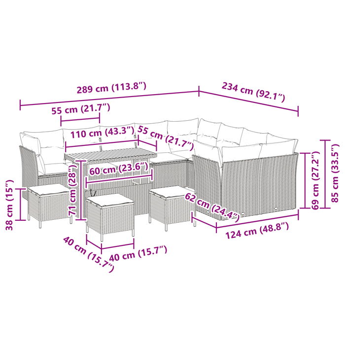 Set Divano da Giardino 13 Pezzi con Cuscini Grigio Polyrattan Acacia