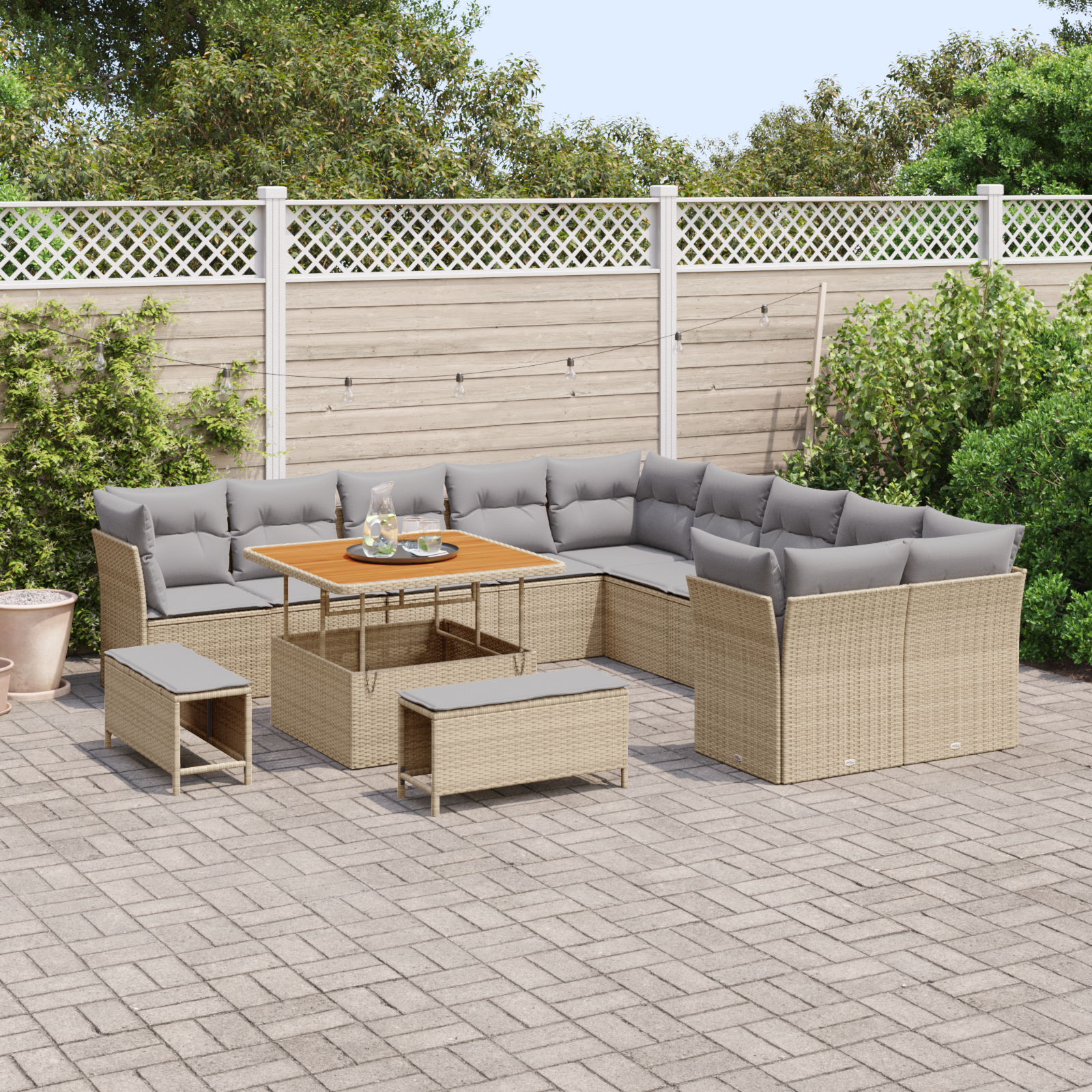 Set di Divani da Giardino  13 Pezzi con Cuscini Beige Polyrattan Acacia