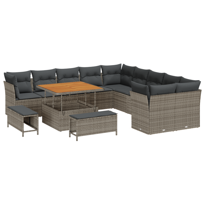 Set Divano da Giardino da 13 Pezzi con Cuscini Grigio Polyrattan Acacia